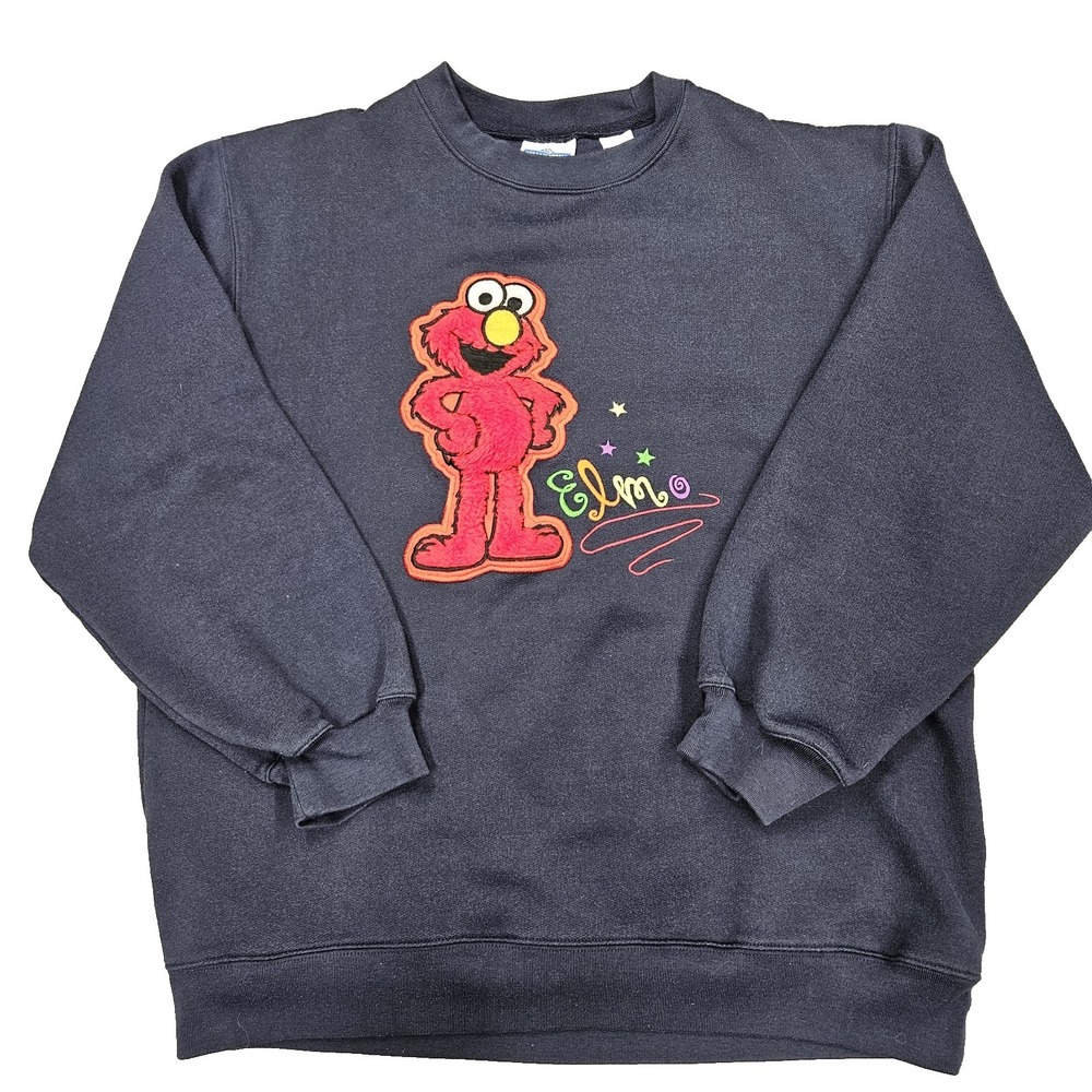 Vintage Sesame Street Plush Embroidered Elmo Sweatshirt Adult Size XL Blue